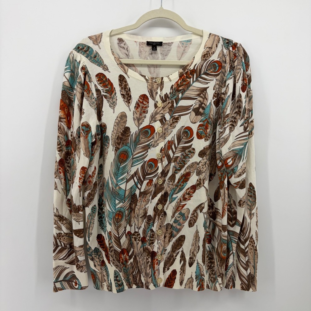 Talbots Womens X Cream Multi Cardigan Feather Peacock Print Button Front Sweater